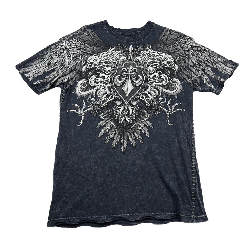 Affliction Shirt Mens L Graphic Eagle Wings Gothic Slim Shield Acid Wash Y2K MMA